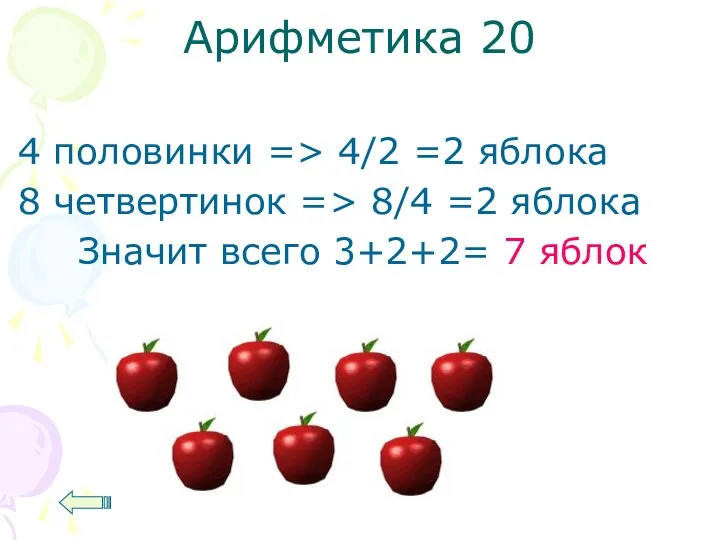 Арифметика 20 4 половинки => 4/2 =2 яблока 8 четвертинок