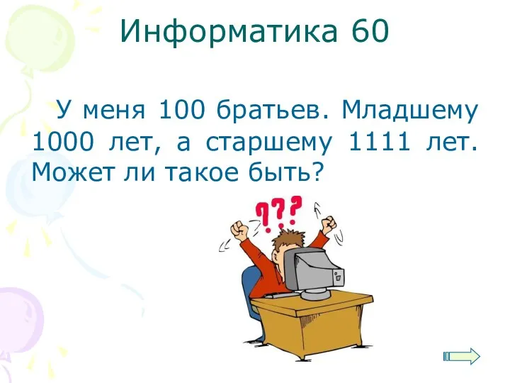 Информатика 60 У меня 100 братьев. Младшему 1000 лет, а