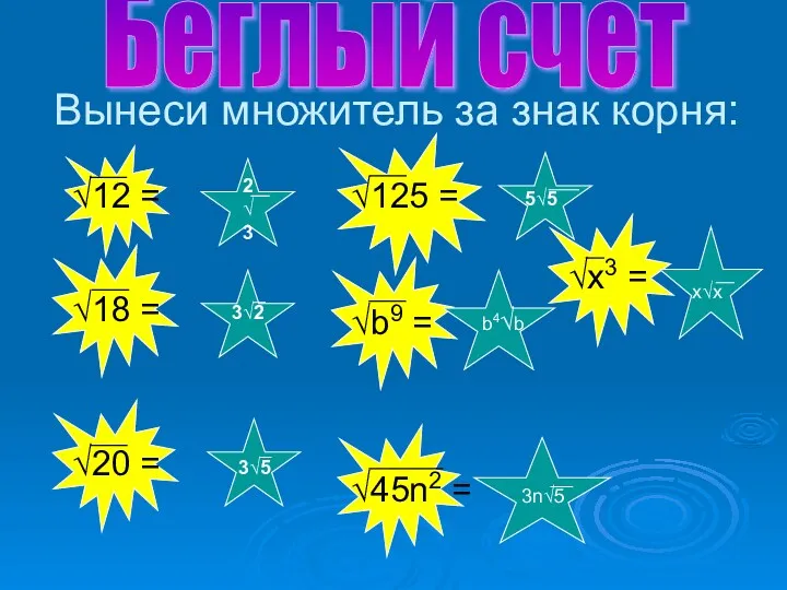 Вынеси множитель за знак корня: √12 = √18 = √20