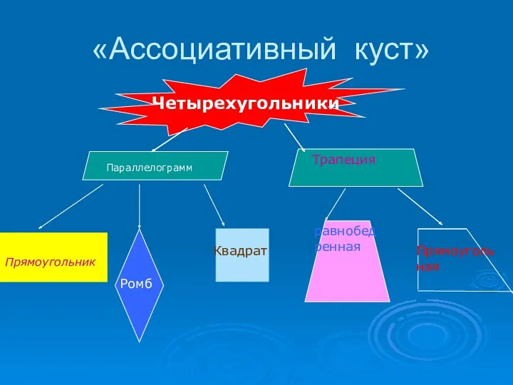 «Ассоциативный куст» Трапеция Прямоугольник Ромб Квадрат равнобедренная Прямоугольная Четырехугольники Параллелограмм