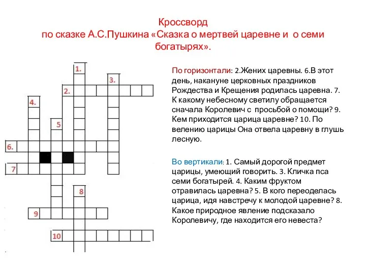 Кроссворд по сказке А.С.Пушкина «Сказка о мертвей царевне и о