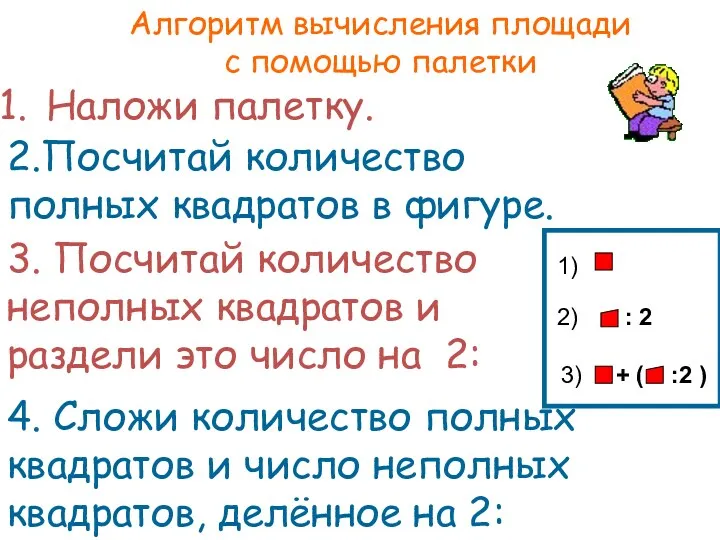 Алгоритм вычисления площади с помощью палетки Наложи палетку. 2.Посчитай количество