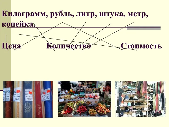 Килограмм, рубль, литр, штука, метр, копейка. Цена Количество Стоимость