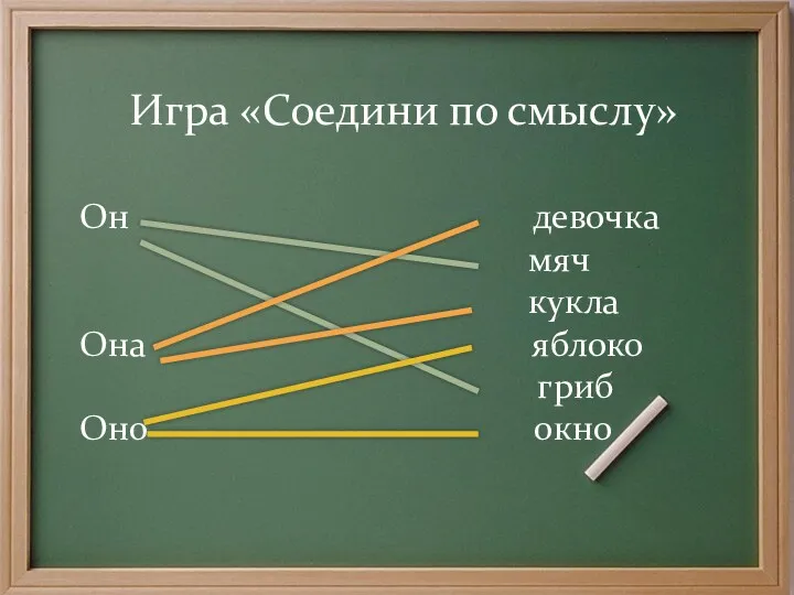 Игра «Соедини по смыслу» Он девочка мяч кукла Она яблоко гриб Оно окно