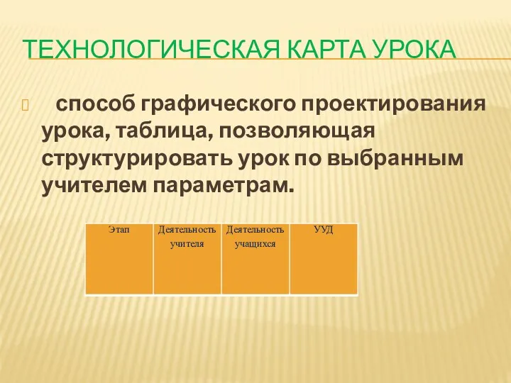 Технологическая карта урока способ графического проектирования урока, таблица, позволяющая структурировать урок по выбранным учителем параметрам.