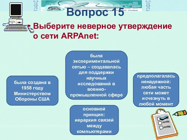 Вопрос 15 Выберите неверное утверждение о сети ARPAnet: основной принцип: