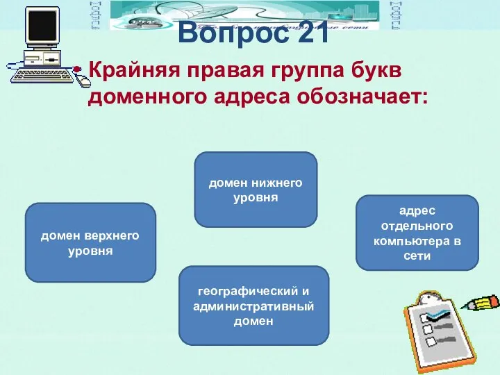 Вопрос 21 Крайняя правая группа букв доменного адреса обозначает: домен