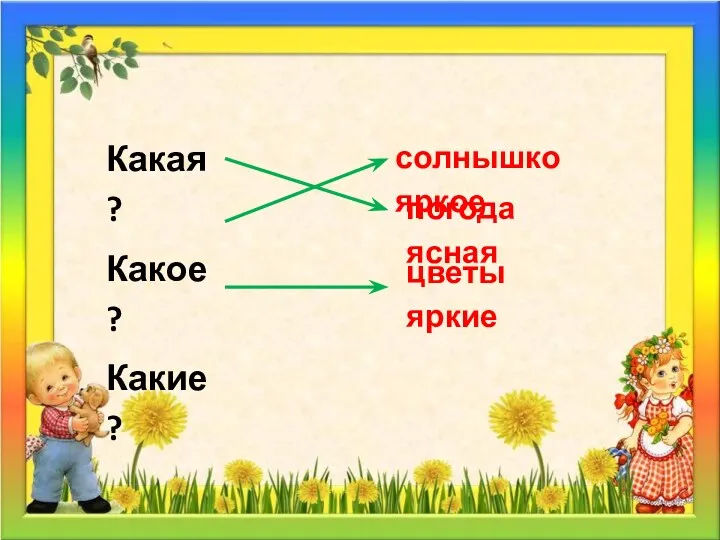 Какая? Какое? Какие? солнышко яркое погода ясная цветы яркие