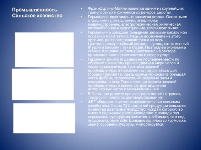 Промышленность Сельское хозяйство Франкфурт-на-Майне является одним из крупнейших транспортных и