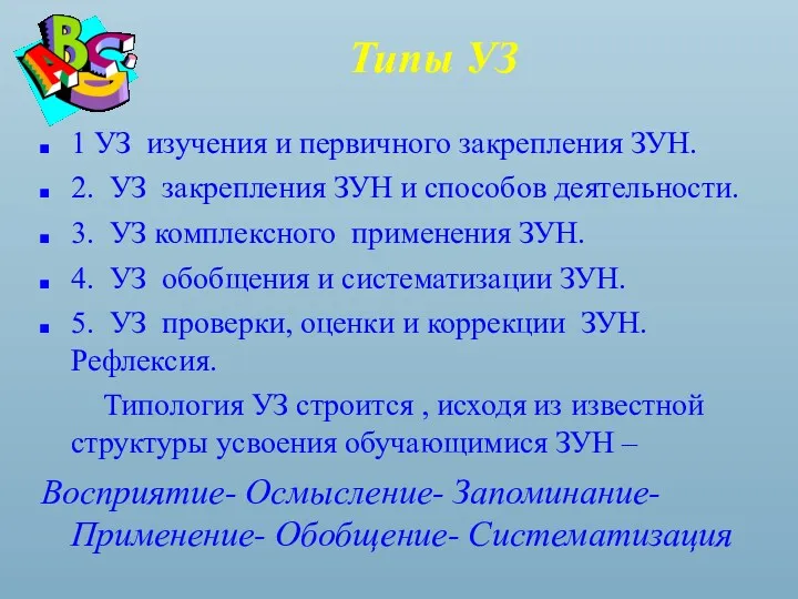 Типы УЗ 1 УЗ изучения и первичного закрепления ЗУН. 2. УЗ закрепления ЗУН