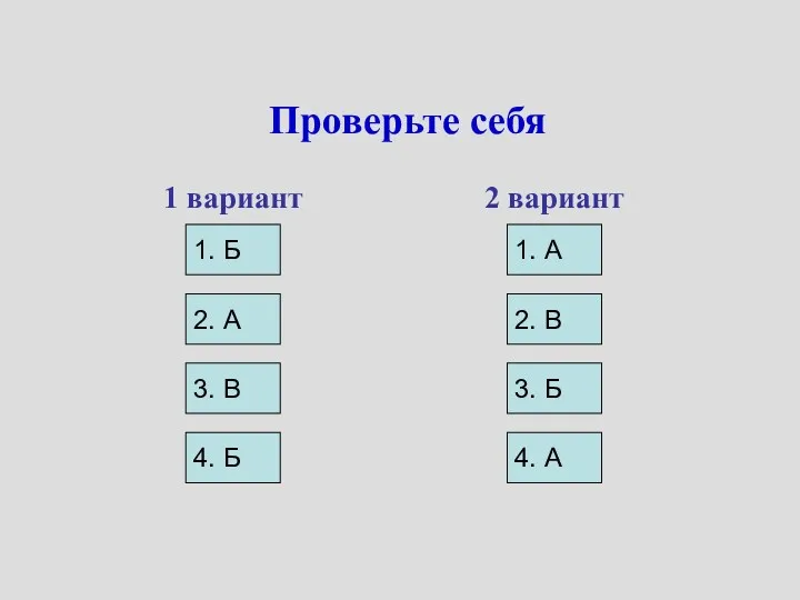 Проверьте себя 1. Б 1 вариант 2. А 3. В 2 вариант 1.