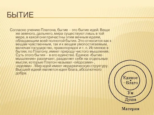 БЫТИЕ Согласно учению Платона, бытие – это бытие идей. Вещи