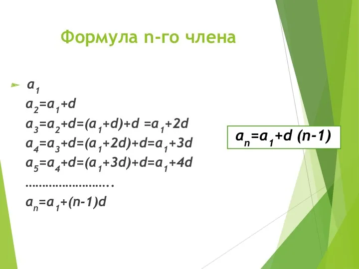 Формула n-го члена a1 a2=a1+d a3=a2+d=(a1+d)+d =a1+2d a4=a3+d=(a1+2d)+d=a1+3d a5=a4+d=(a1+3d)+d=a1+4d …………………….. an=a1+(n-1)d an=a1+d (n-1)