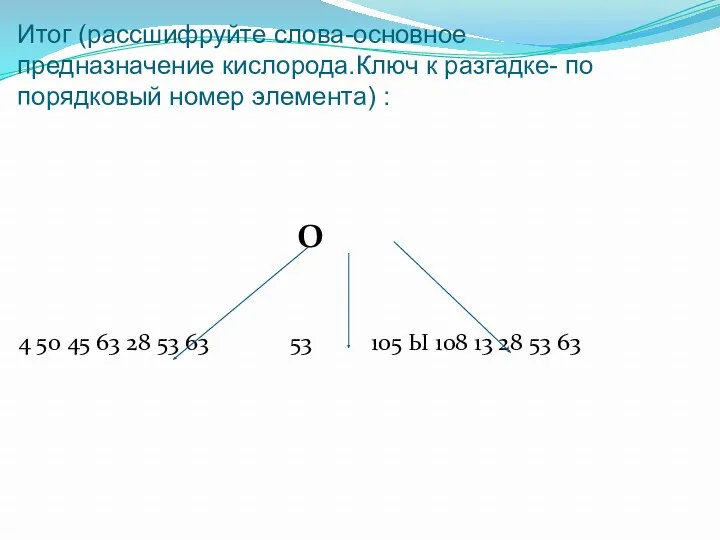 Итог (рассшифруйте слова-основное предназначение кислорода.Ключ к разгадке- по порядковый номер