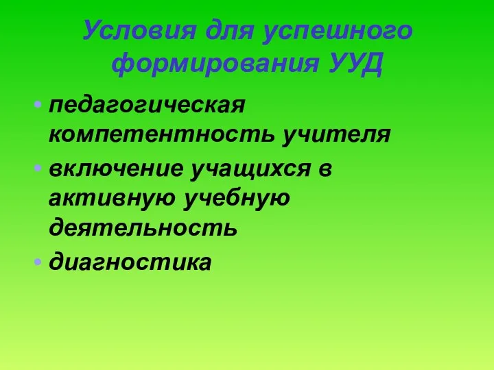 Условия для успешного формирования УУД педагогическая компетентность учителя включение учащихся в активную учебную деятельность диагностика