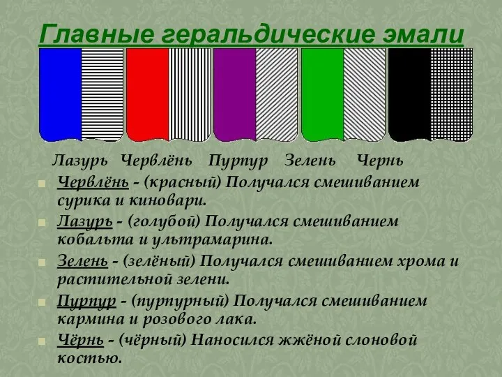 Главные геральдические эмали Лазурь Червлёнь Пурпур Зелень Чернь Червлёнь -