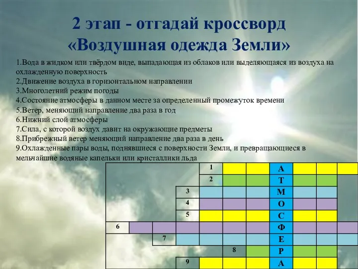 2 этап - отгадай кроссворд «Воздушная одежда Земли» 1.Вода в