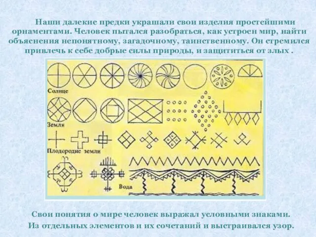 Наши далекие предки украшали свои изделия простейшими орнаментами. Человек пытался