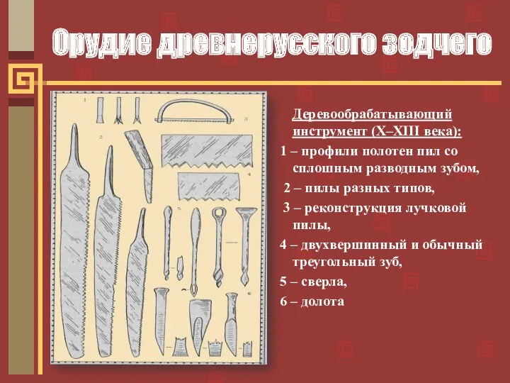 Орудие древнерусского зодчего Деревообрабатывающий инструмент (X–XIII века): 1 – профили