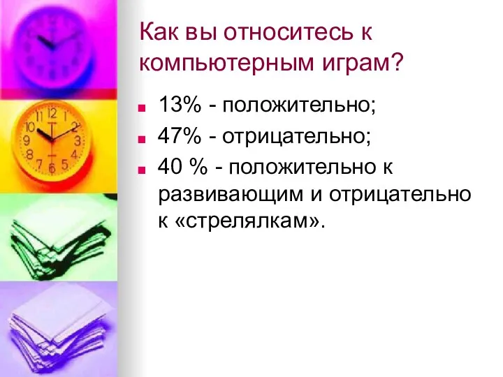 Как вы относитесь к компьютерным играм? 13% - положительно; 47%