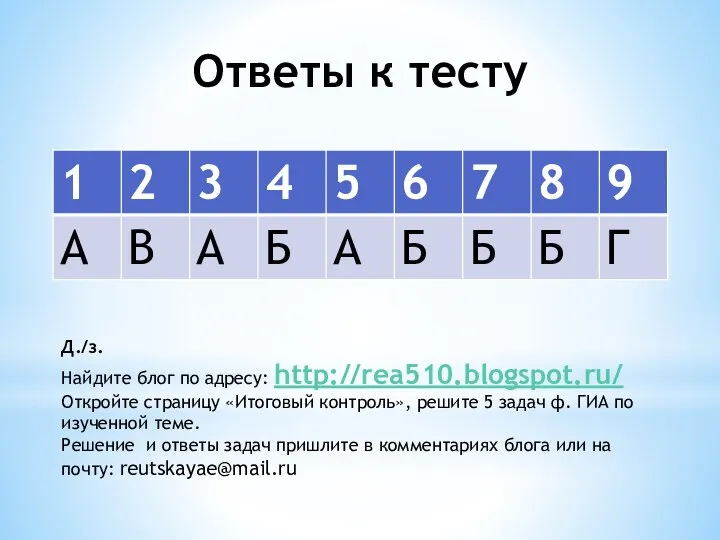 Ответы к тесту Д./з. Найдите блог по адресу: http://rea510.blogspot.ru/ Откройте