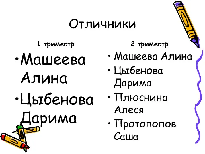 Отличники 1 триместр Машеева Алина Цыбенова Дарима 2 триместр Машеева Алина Цыбенова Дарима