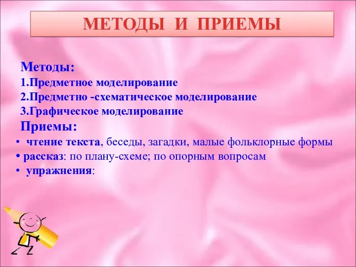 МЕТОДЫ И ПРИЕМЫ Методы: 1.Предметное моделирование 2.Предметно -схематическое моделирование 3.Графическое