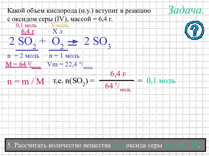 5. Рассчитать количество вещества ( n ) оксида серы n = m /