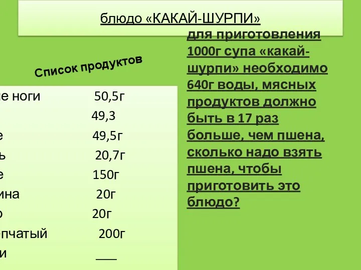 блюдо «КАКАЙ-ШУРПИ» Список продуктов 1.свиные ноги 50,5г 2.рубец 49,3 3сердце