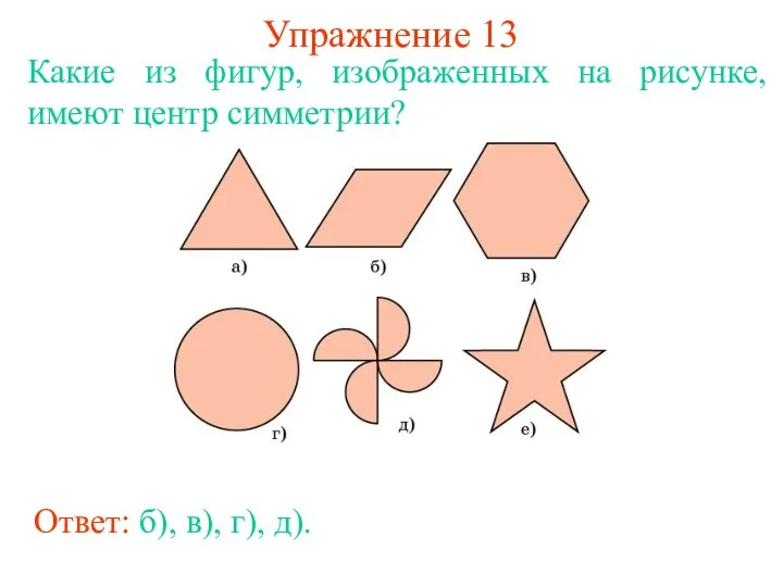 Упражнение 13 Какие из фигур, изображенных на рисунке, имеют центр симметрии? Ответ: б), в), г), д).