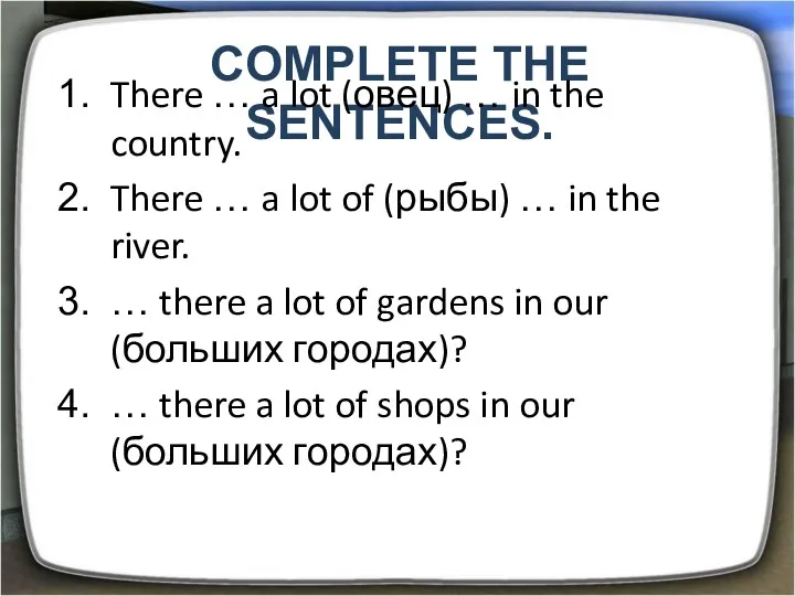 Complete the sentences. There … a lot (овец) … in