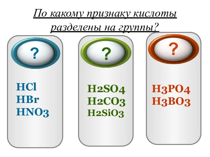 По какому признаку кислоты разделены на группы? HCl HBr HNO3