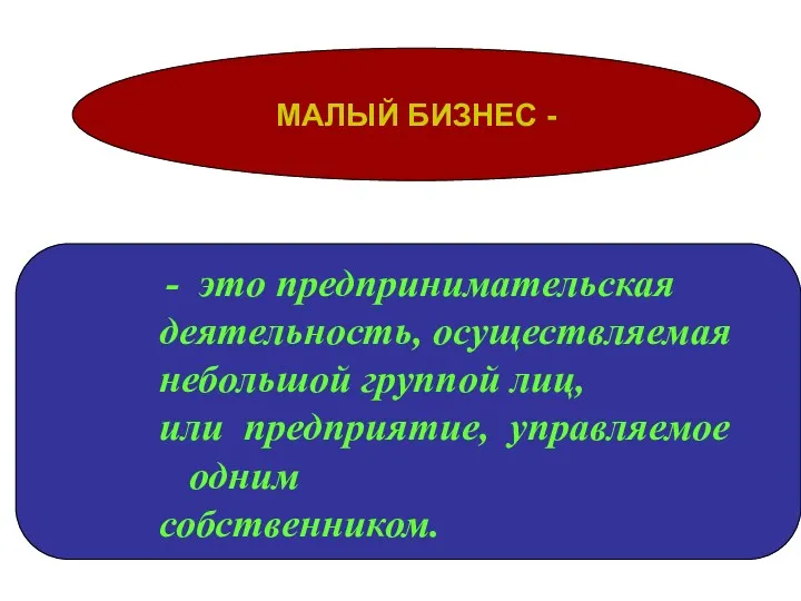 МАЛЫЙ БИЗНЕС - это предпринимательская деятельность, осуществляемая небольшой группой лиц, или предприятие, управляемое одним собственником.