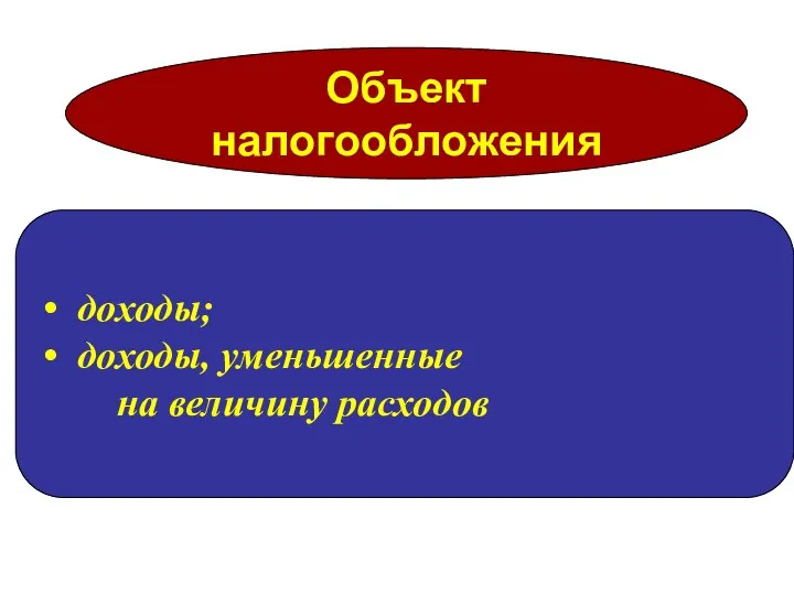 Объект налогообложения доходы; доходы, уменьшенные на величину расходов