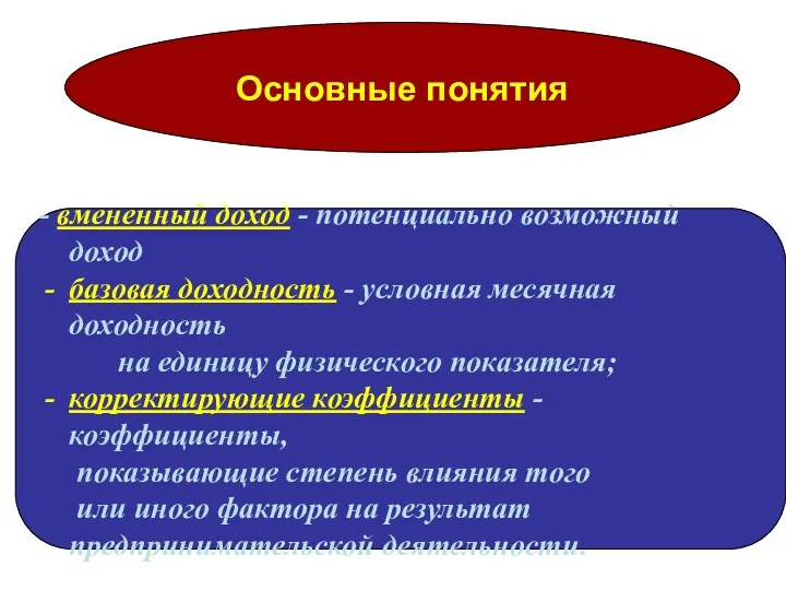 Основные понятия - вмененный доход - потенциально возможный доход базовая