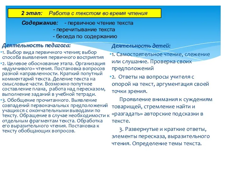 Деятельность педагога: 1. Выбор вида первичного чтения; выбор способа выявления