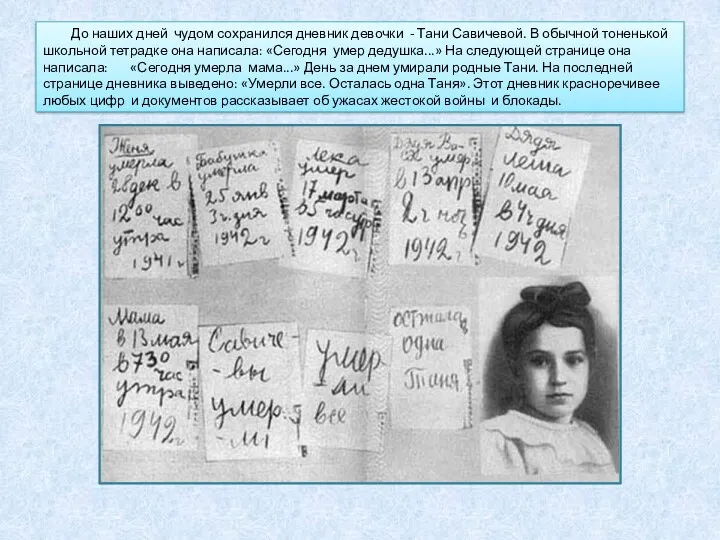 До наших дней чудом сохранился дневник девочки - Тани Савичевой.