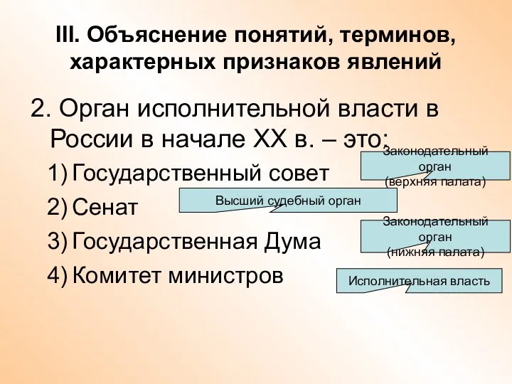 III. Объяснение понятий, терминов, характерных признаков явлений 2. Орган исполнительной власти в России