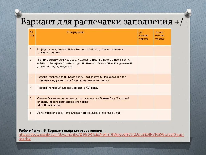 Вариант для распечатки заполнения +/- Рабочий лист 6. Верные-неверные утверждения https://docs.google.com/document/d/1195DRTqEeNejh3-6MgkJotfB7cj2UsiuZEbtKVFcBWw/edit?usp=sharing