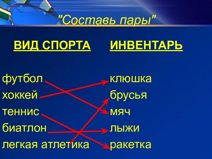 "Составь пары" ВИД СПОРТА футбол хоккей теннис биатлон легкая атлетика ИНВЕНТАРЬ клюшка брусья мяч лыжи ракетка