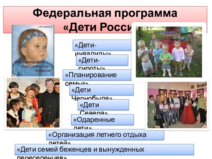 Федеральная программа «Дети России» «Дети-инвалиды» «Дети-сироты» «Планирование семьи» «Дети Чернобыля»