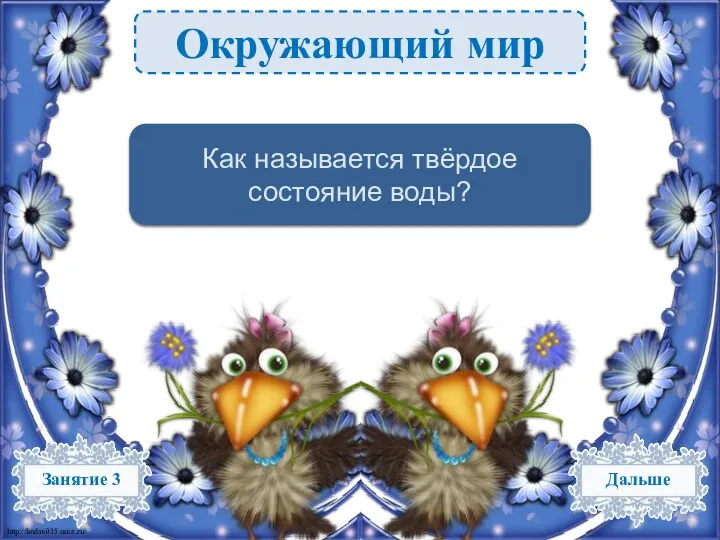 Окружающий мир Лёд – 1 б. Как называется твёрдое состояние воды?