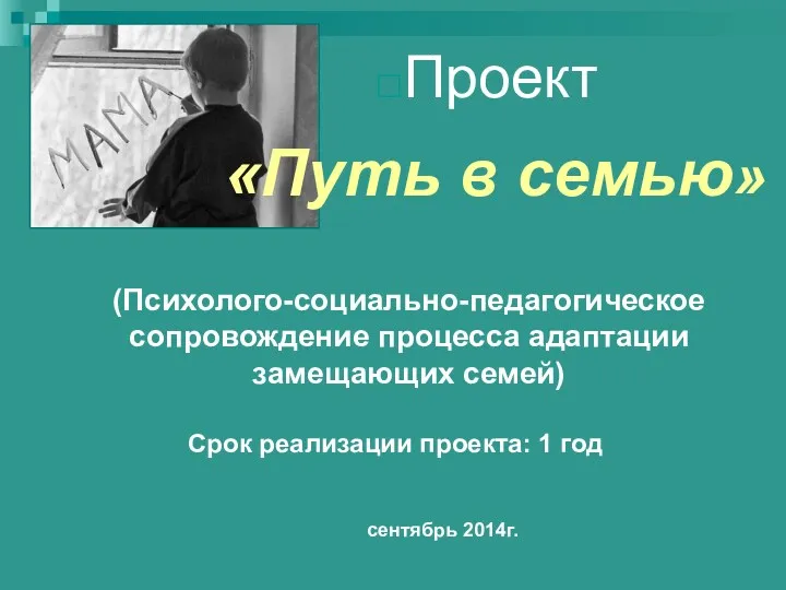 (Психолого-социально-педагогическое сопровождение процесса адаптации замещающих семей) Срок реализации проекта: 1