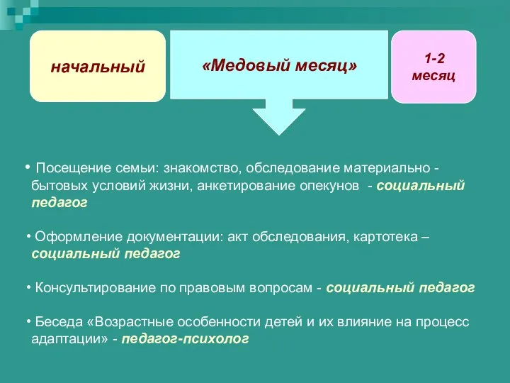 «Медовый месяц» начальный 1-2 месяц Посещение семьи: знакомство, обследование материально