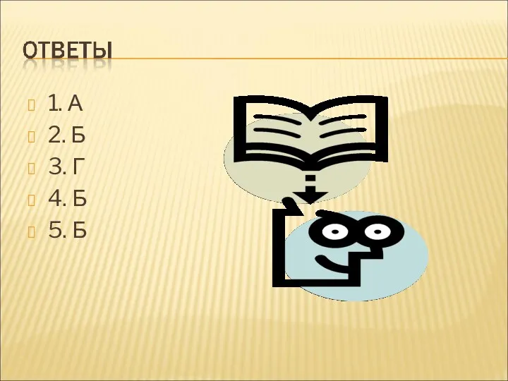 1. А 2. Б 3. Г 4. Б 5. Б