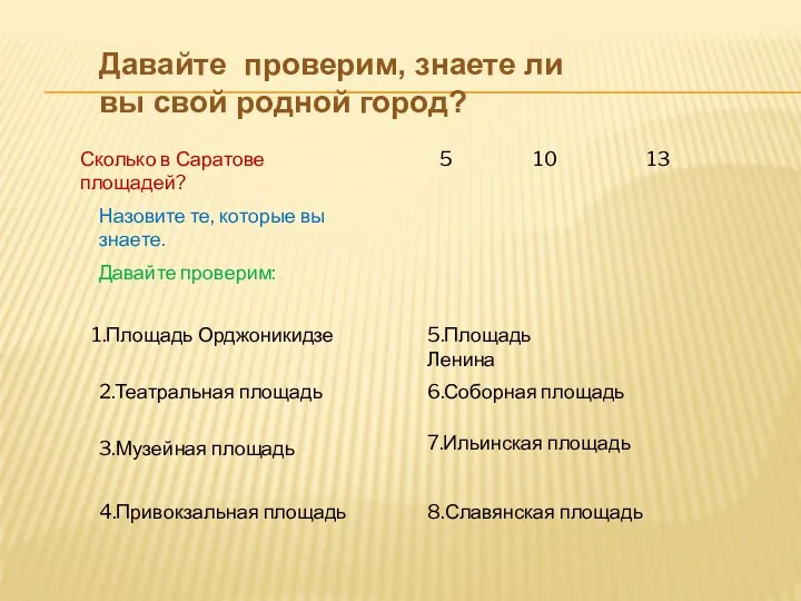 Давайте проверим, знаете ли вы свой родной город? Сколько в Саратове площадей? 5