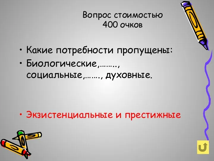 Вопрос стоимостью 400 очков Какие потребности пропущены: Биологические,…….., социальные,……., духовные. Экзистенциальные и престижные