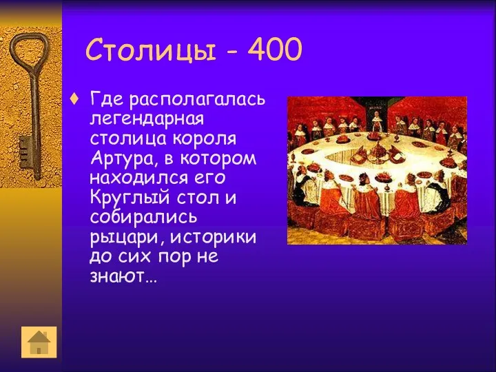 Столицы - 400 Где располагалась легендарная столица короля Артура, в котором находился его