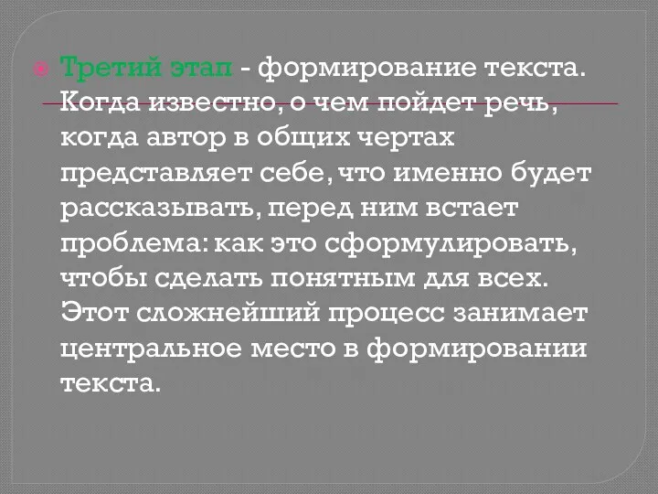 Третий этап - формирование текста. Когда известно, о чем пойдет речь, когда автор