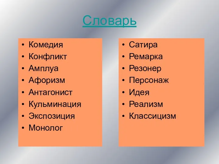 Словарь Комедия Конфликт Амплуа Афоризм Антагонист Кульминация Экспозиция Монолог Сатира Ремарка Резонер Персонаж Идея Реализм Классицизм